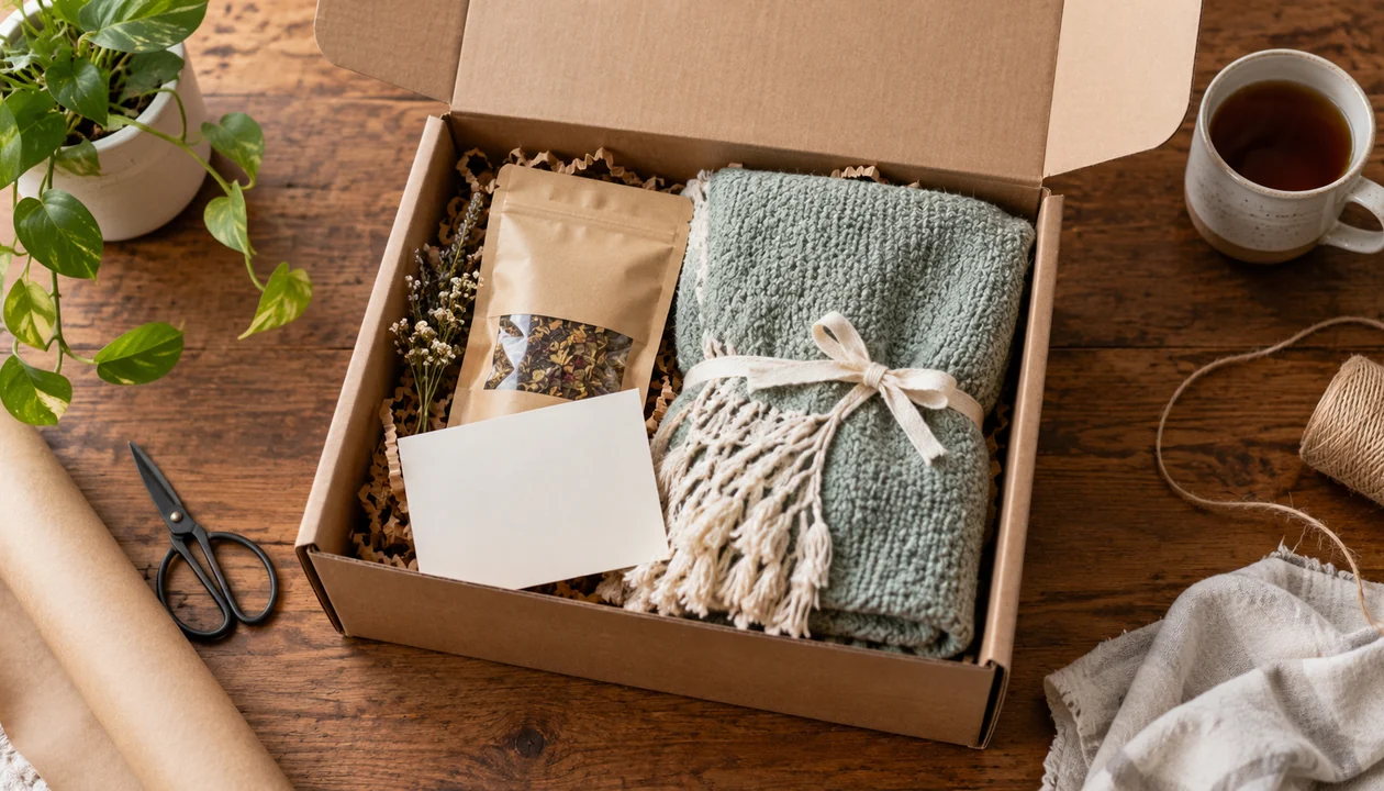 An open care package containing tea, a small blanket and a blank note card