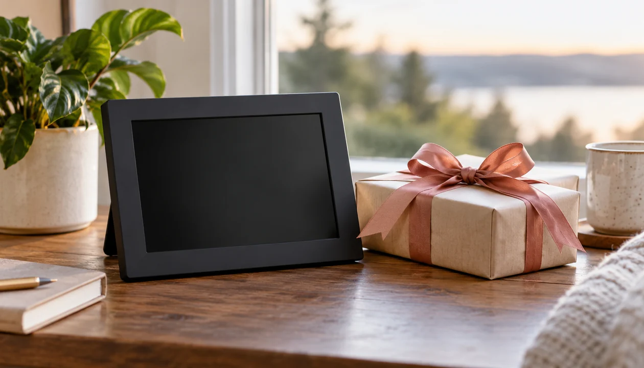 A simple unbranded digital photo frame with its screen off beside a ribbon-tied gift