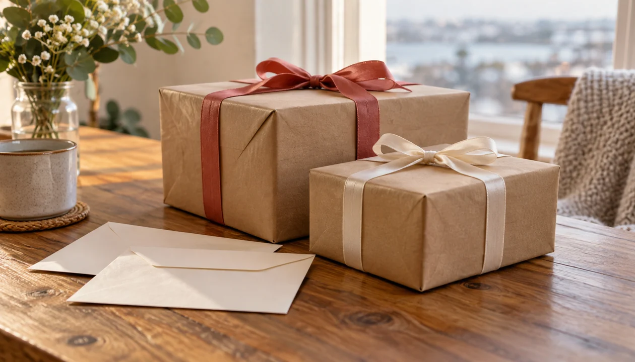 Two plain parcel boxes tied with ribbon beside a pair of blank envelopes