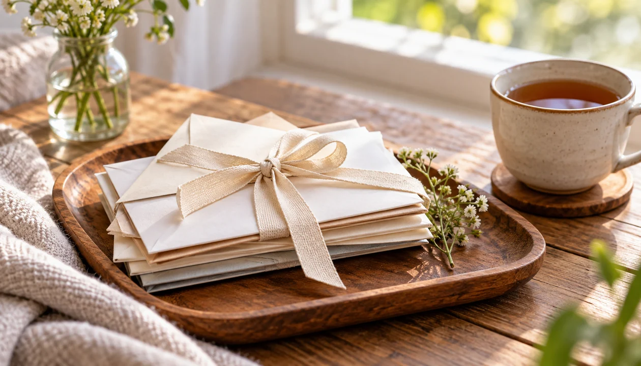Bundle of letters tied with ribbon beside a cup of tea