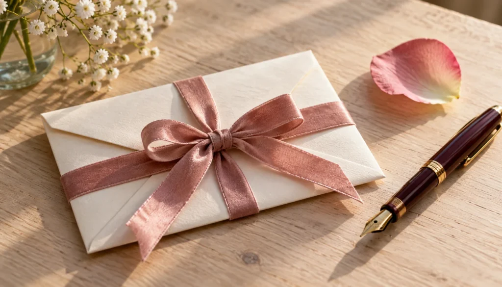 Envelope tied with rose ribbon beside a fountain pen