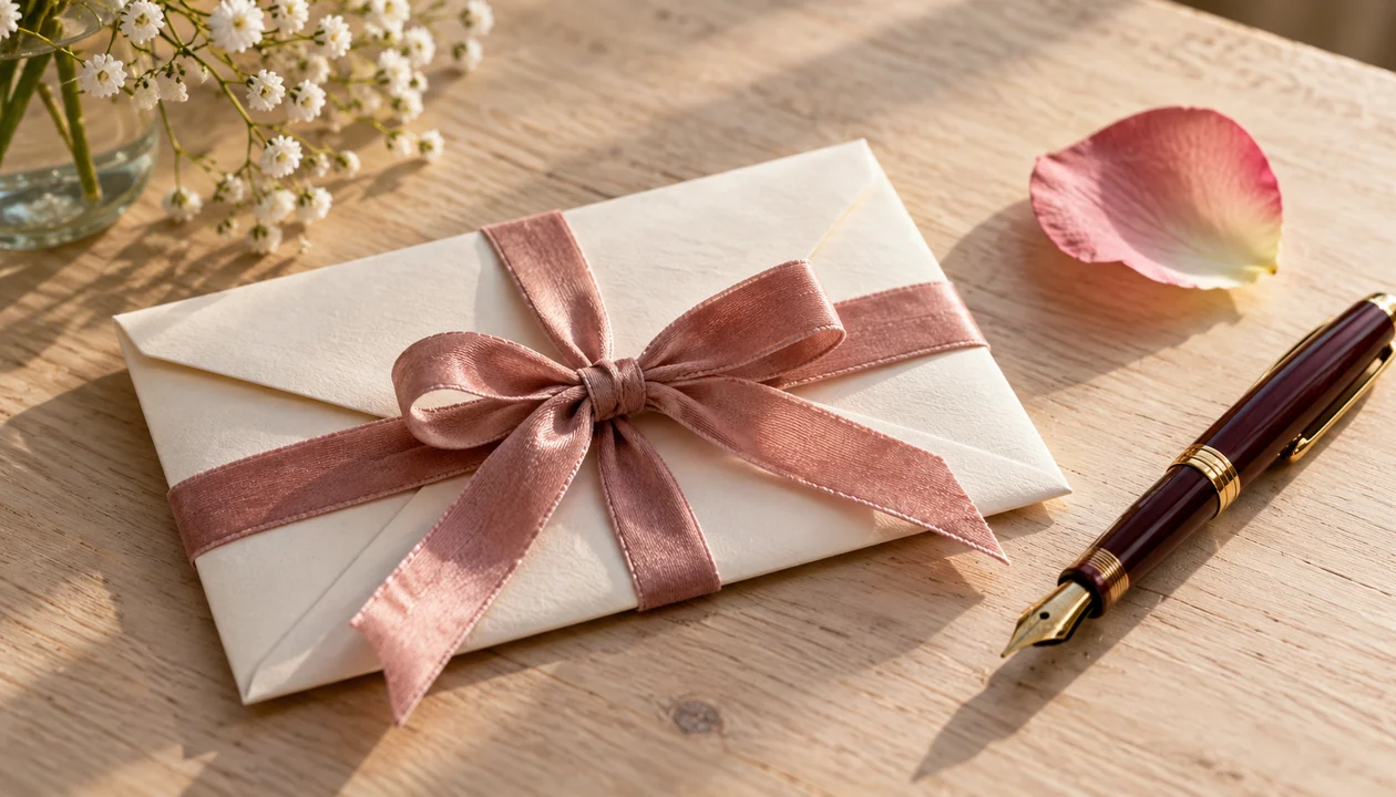 Envelope tied with rose ribbon beside a fountain pen