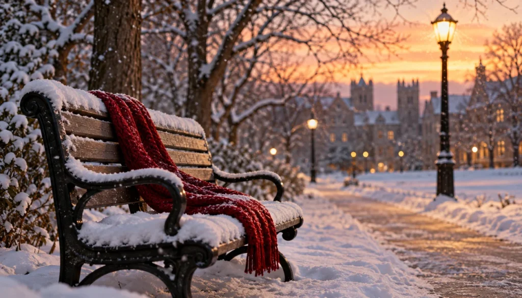 Snow-covered bench with a red scarf under winter trees at dusk