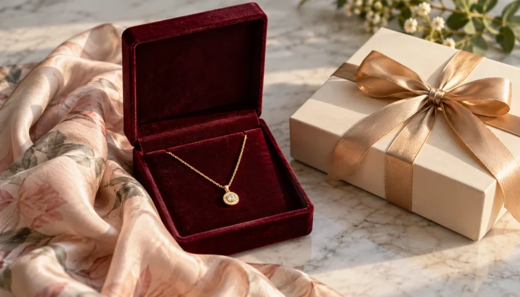 A fine gold necklace in a velvet box beside a silk scarf and a plain gift package