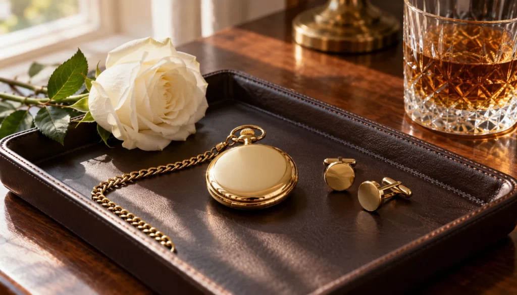 Pocket watch and cufflinks on dark leather with a white rose and crystal glass