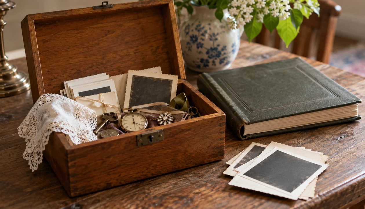 A wooden keepsake box containing small objects and plain photo mounts beside a closed album