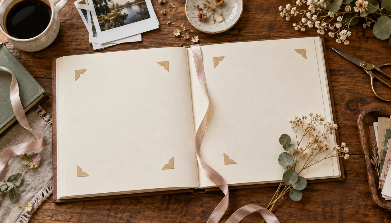 An open blank scrapbook with photo corners, ribbons and dried flowers on a desk