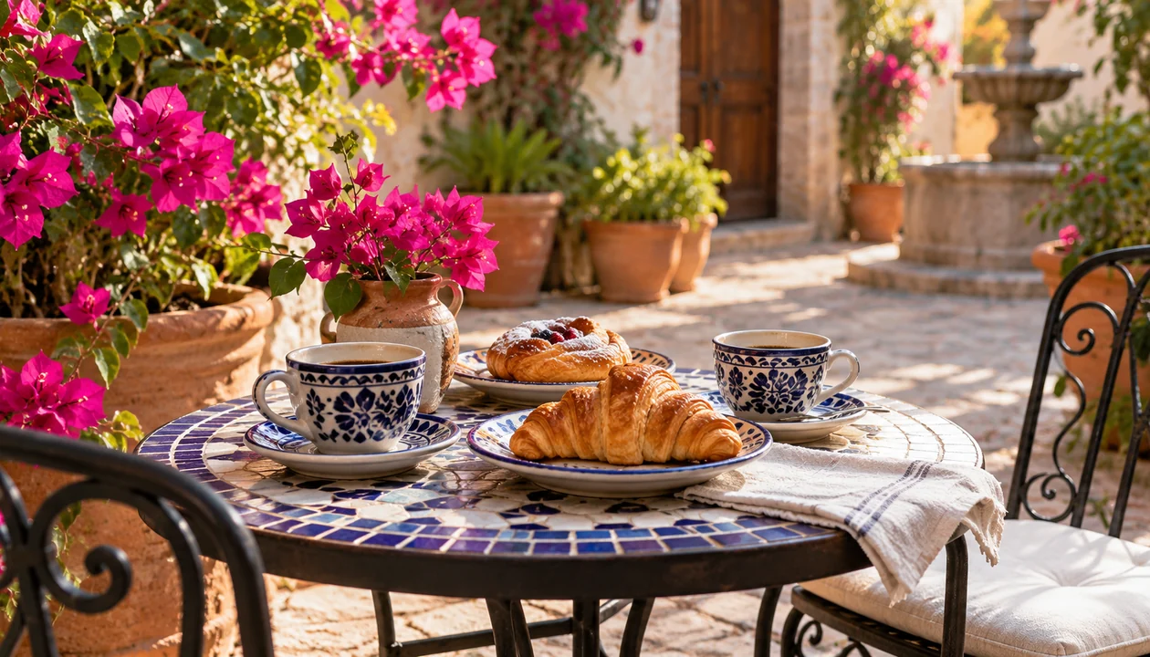Two cups and fresh pastries on a small tiled courtyard table beside potted bougainvillea