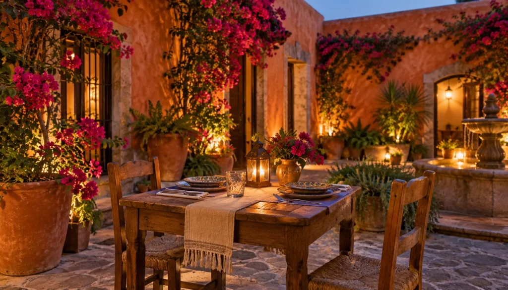 Table for two in a bougainvillea-lined Mexican courtyard