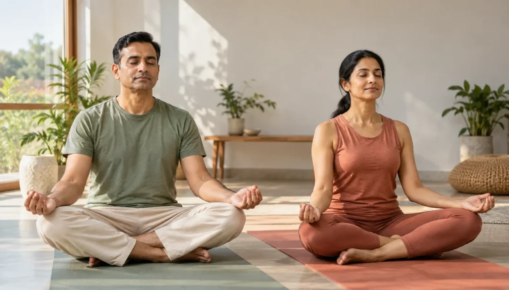 Couple meditating together on separate yoga mats