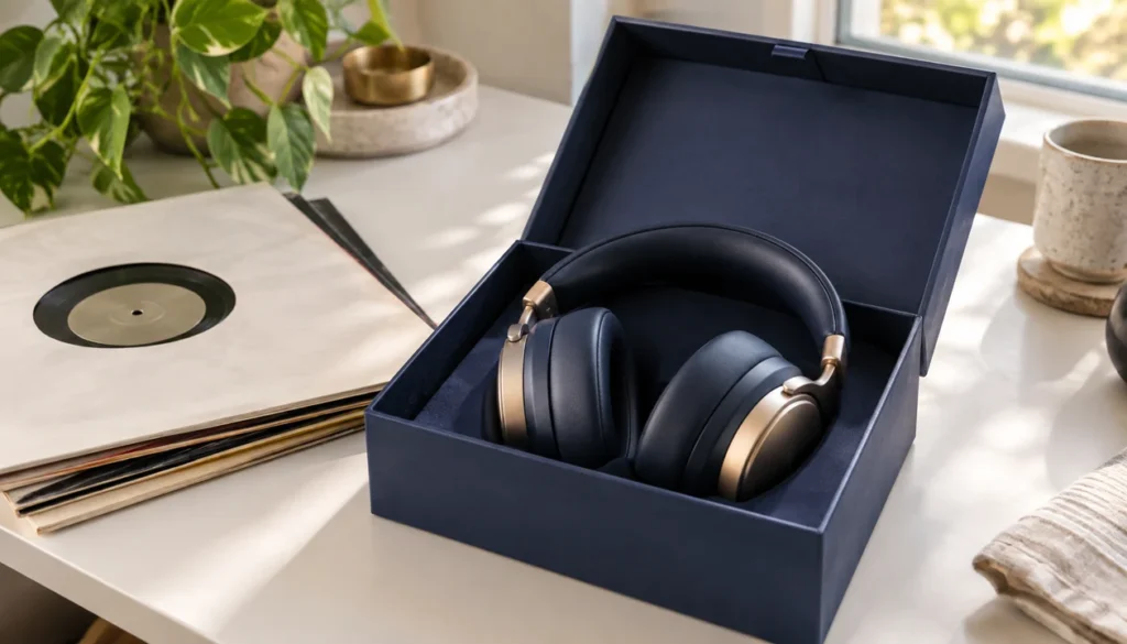 Over-ear headphones in a gift box beside vinyl records