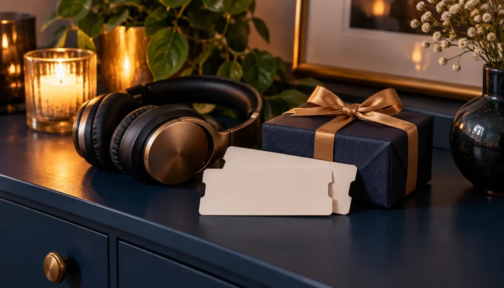Headphones and a gift box ready for a music-themed anniversary