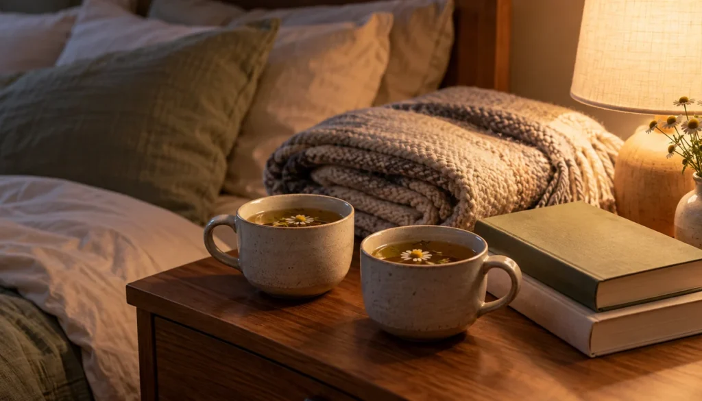 Two cups of herbal tea beside a folded blanket and two closed books