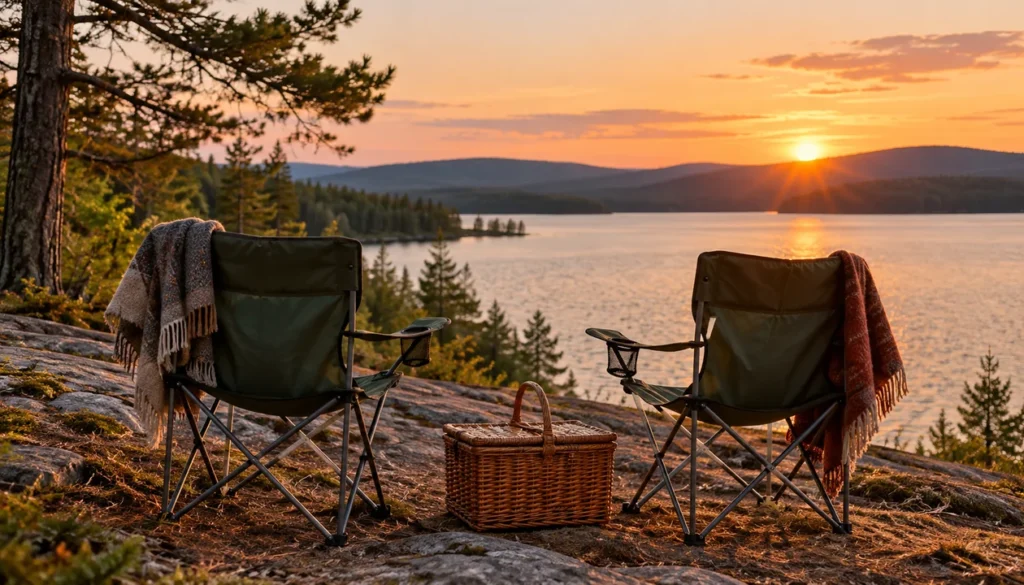 Two empty camp chairs beside a picnic basket overlooking a quiet lake