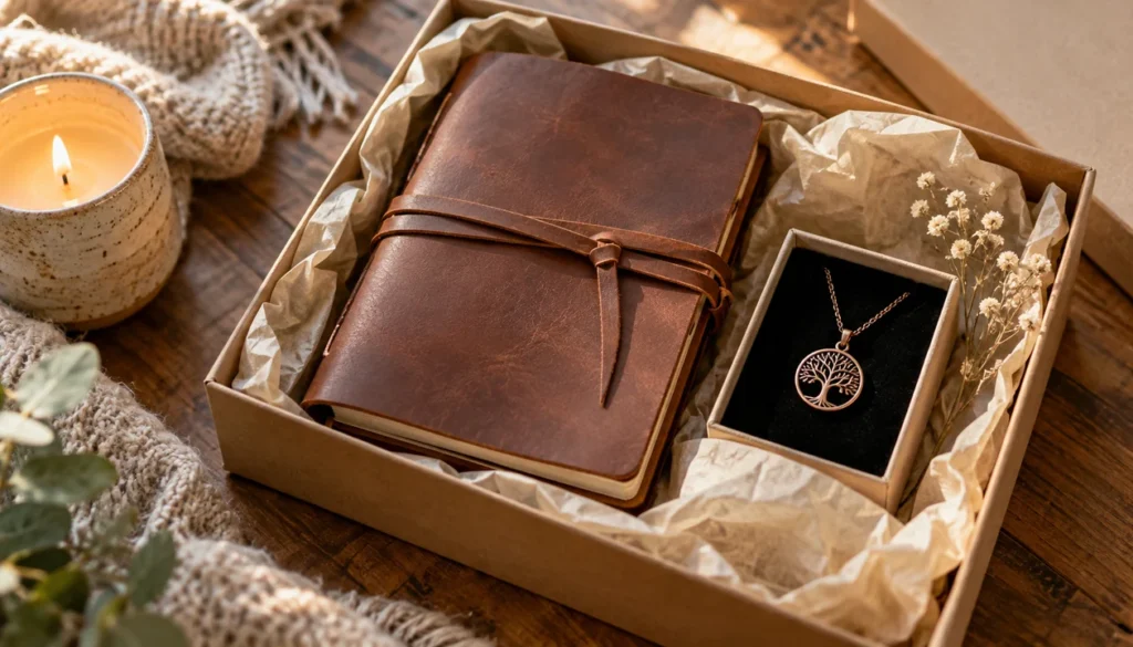 A handmade leather journal with a blank cover and a simple pendant in a gift box