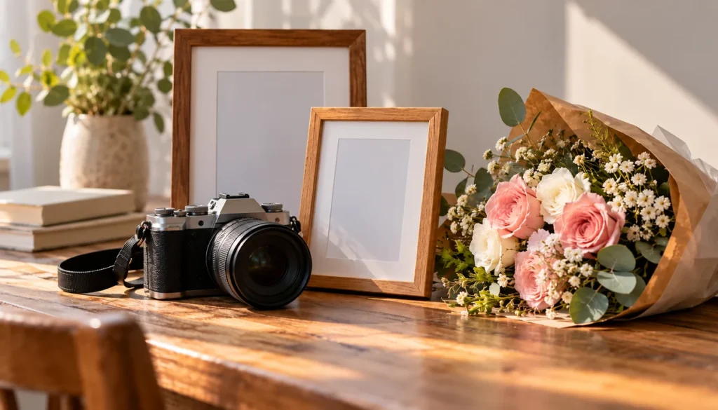 Camera beside two empty picture frames and a rose bouquet on a wooden table