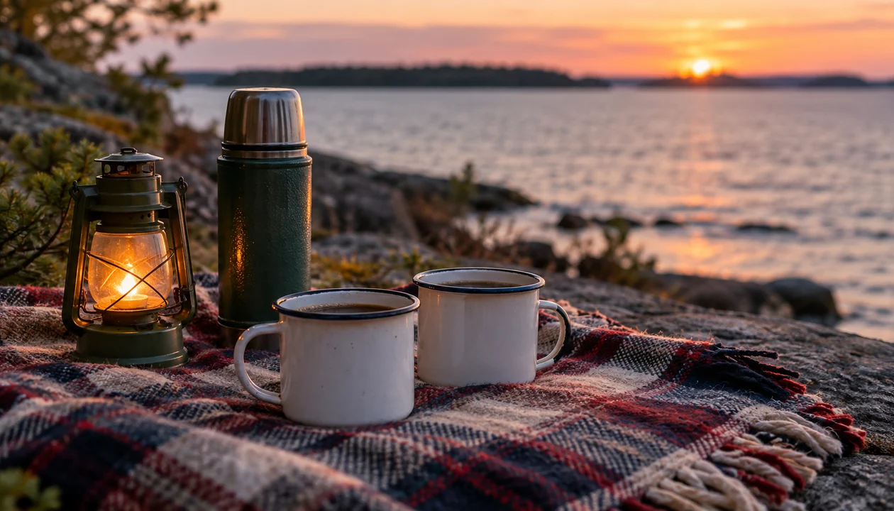 Enamel cups, thermos and lantern on a picnic blanket