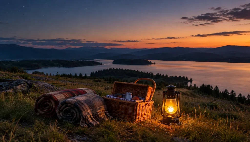 Picnic basket and blankets beside a lake at dusk