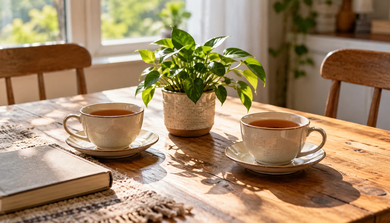 Two cups of tea beside a small plant on a sunlit table