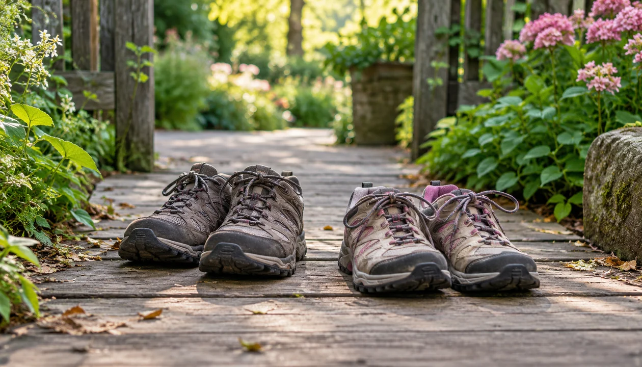 Walking shoes beside a leafy garden path