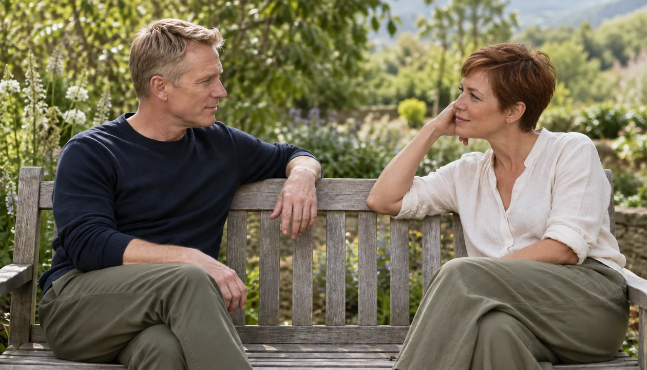 Couple having a thoughtful conversation on a garden bench