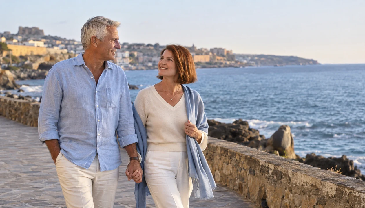 Mature couple walking together beside the sea