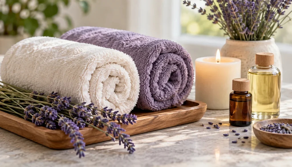 Two rolled towels beside lavender, a candle and plain bath oil bottles