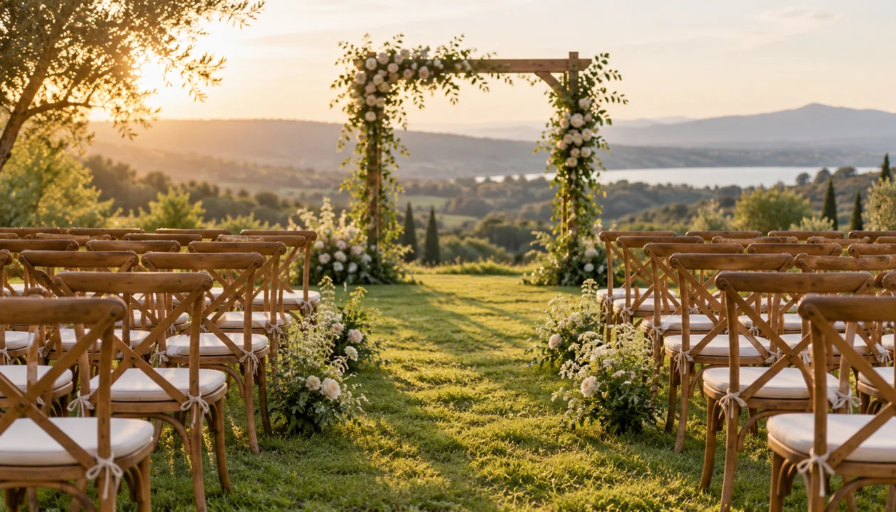 Empty ceremony chairs facing a flower-draped arch on a lawn