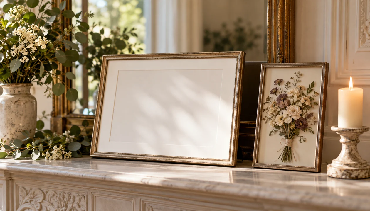 Blank picture frame and pressed flowers on a mantelpiece beside a candle