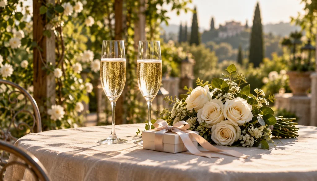 Champagne flutes, white roses and a ring box on a linen table in a garden