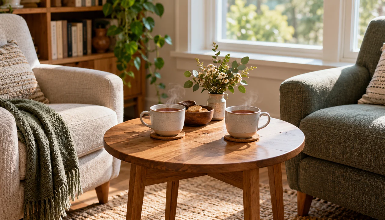 Two cups of tea on a quiet table between two comfortable chairs