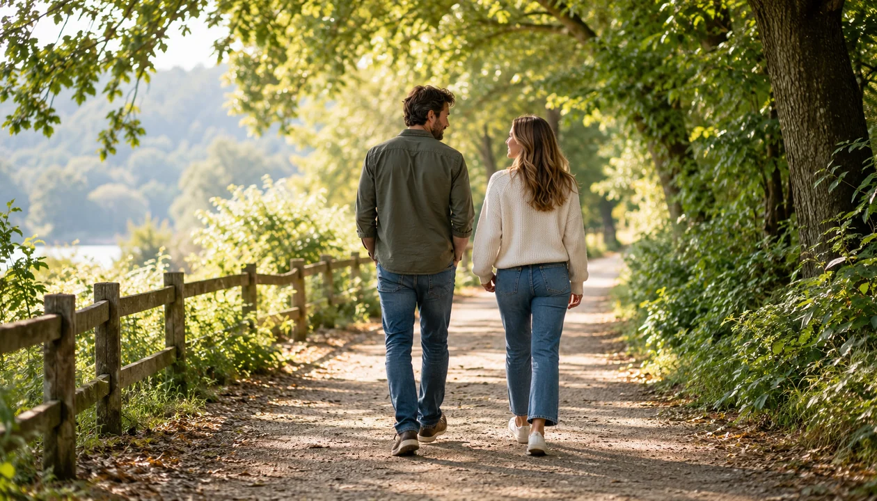 Two adults taking a peaceful walk on a tree-lined path viewed from behind