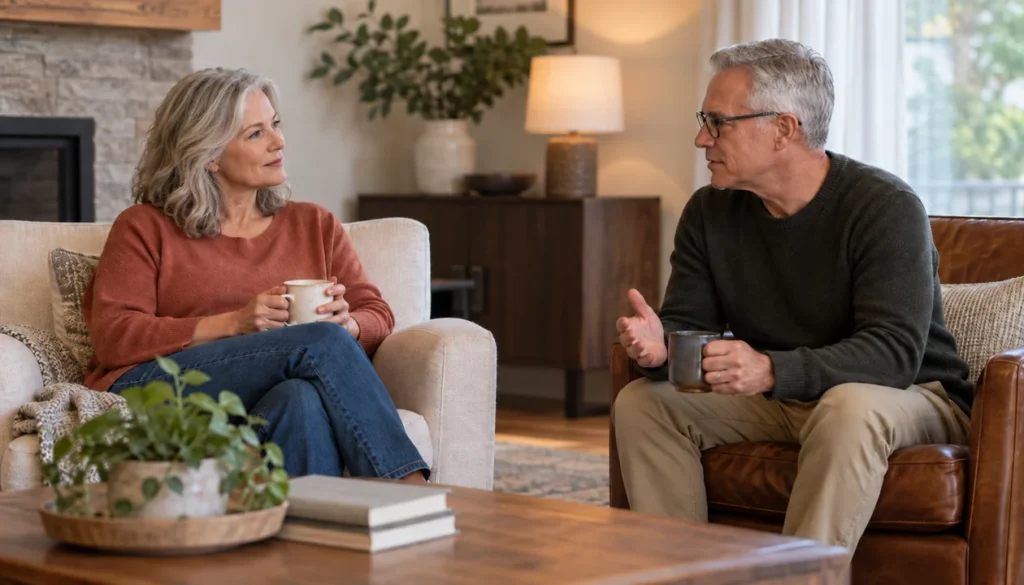 Couple having an attentive conversation at home