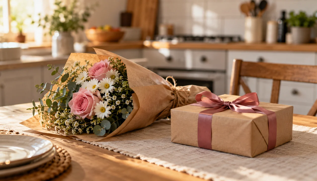 A modest bouquet and wrapped gift waiting on a kitchen table