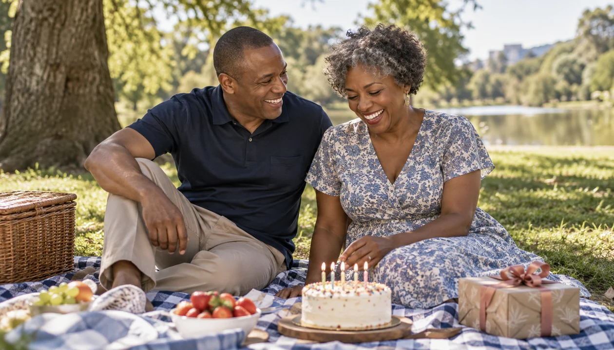 Couple celebrating a birthday with a picnic in the park