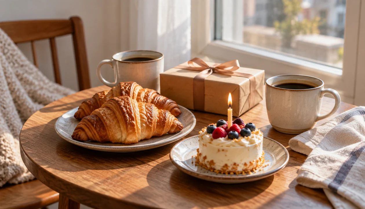 Birthday breakfast tray with a small cake and wrapped gift