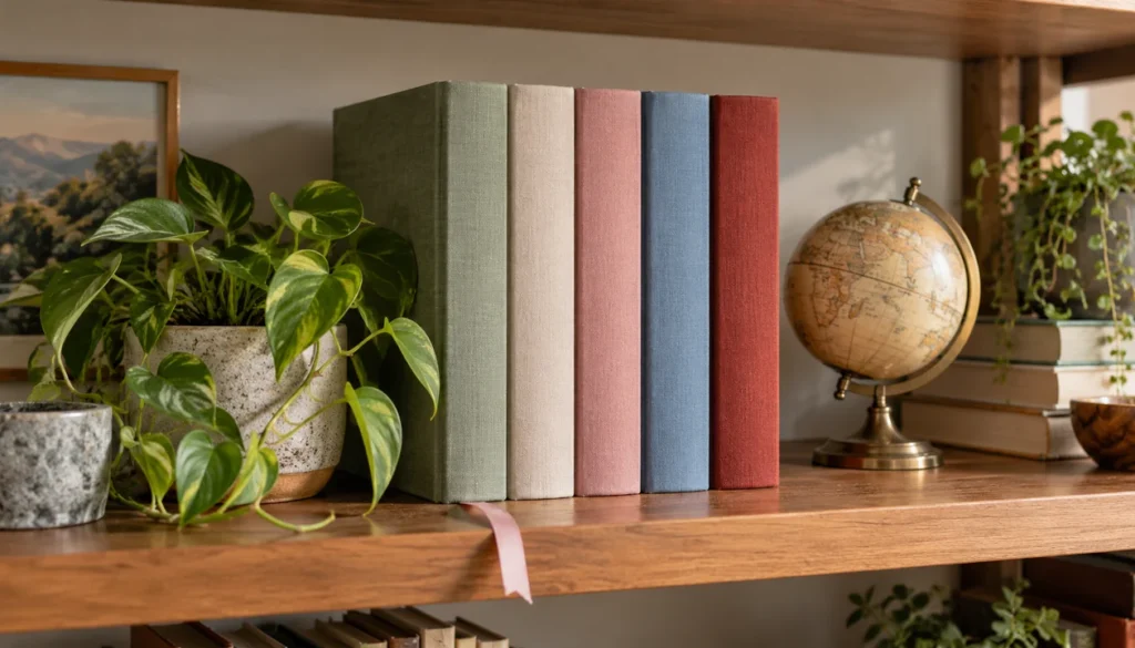 A coordinated row of five clothbound books with blank spines and a ribbon bookmark
