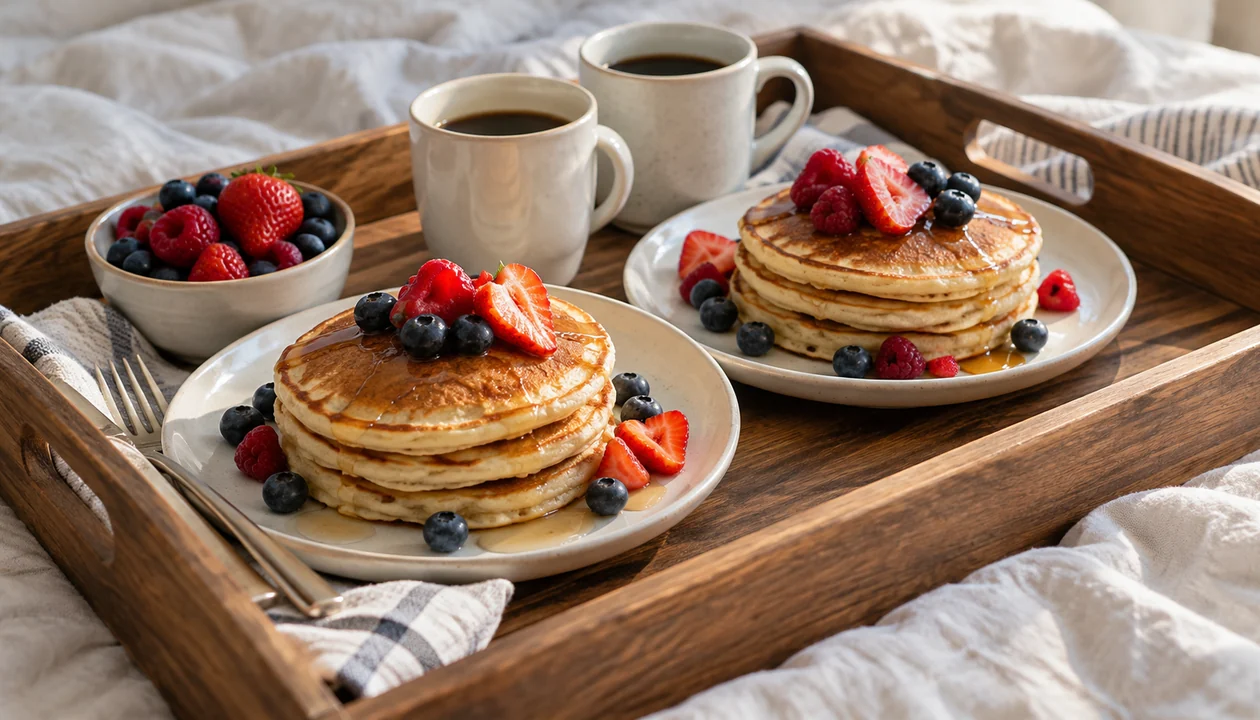 Two plates of pancakes and fresh berries on a wooden breakfast tray