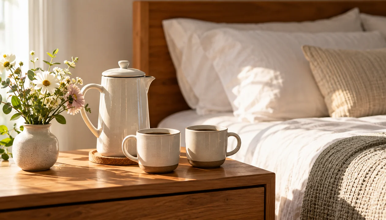 A ceramic coffee pot, two cups and a small vase of flowers beside a neatly made bed