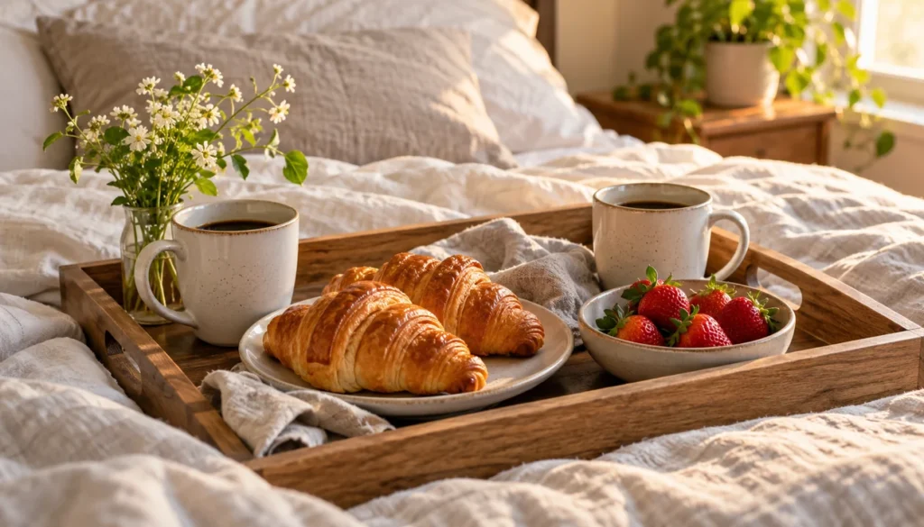 A breakfast tray with croissants, strawberries and two coffee cups on linen bedding