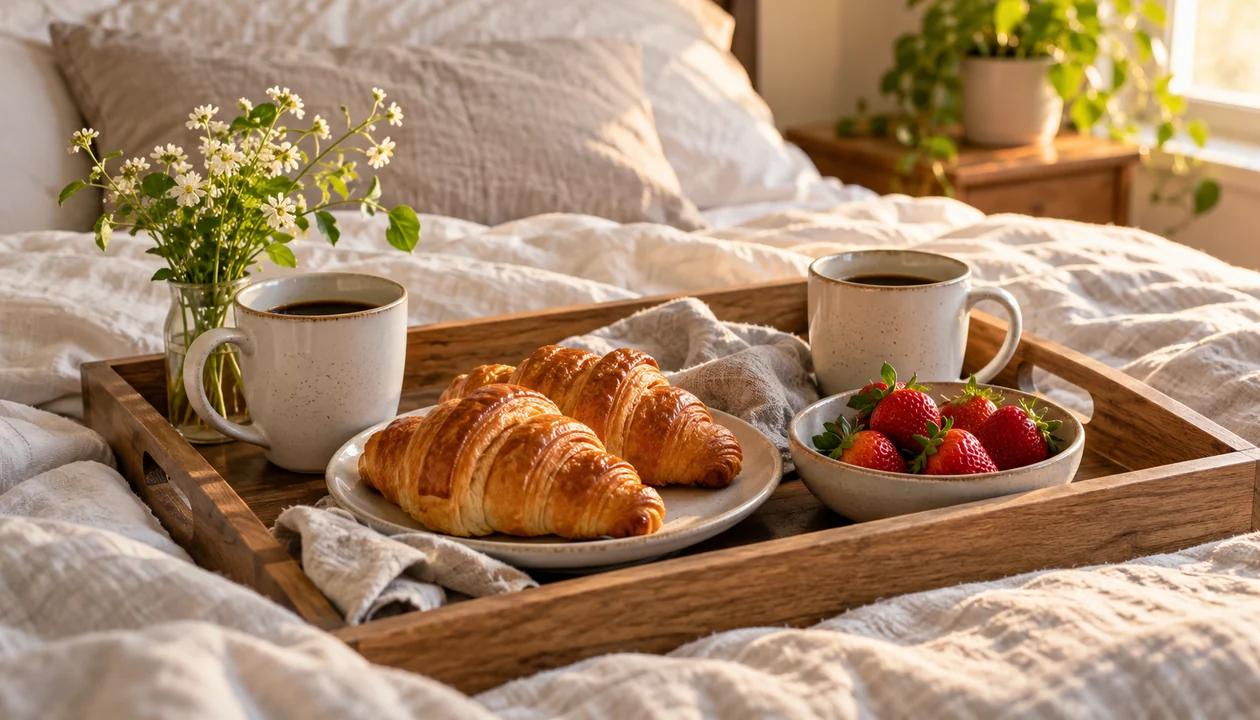 A breakfast tray with croissants, strawberries and two coffee cups on linen bedding