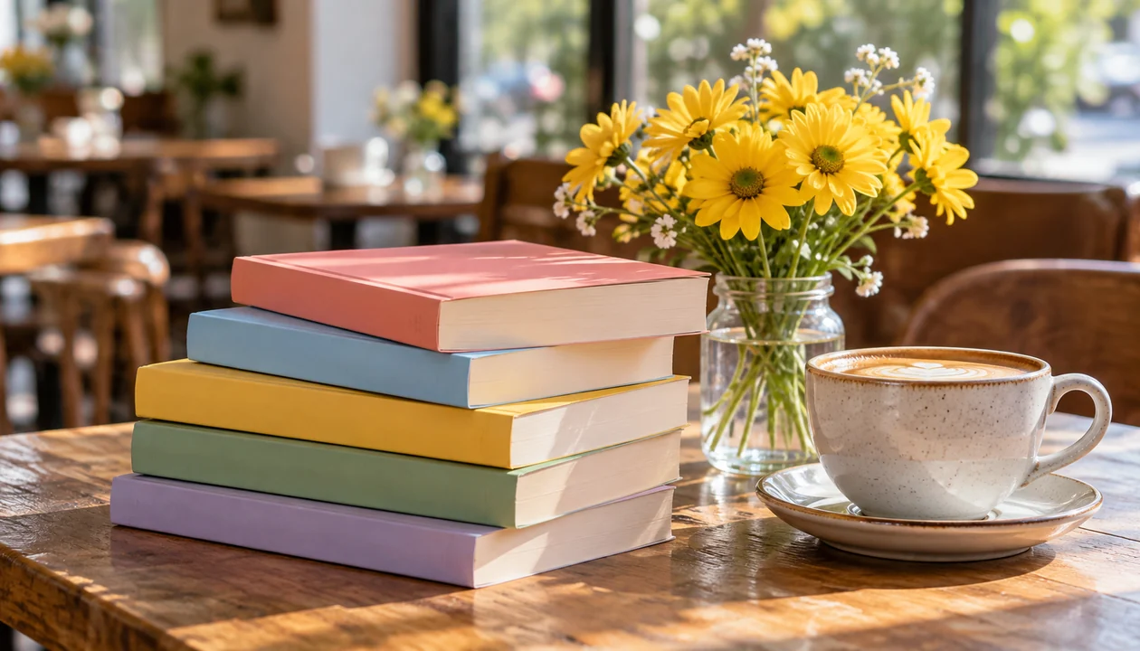 A cheerful stack of colorful unmarked paperbacks beside coffee and yellow daisies