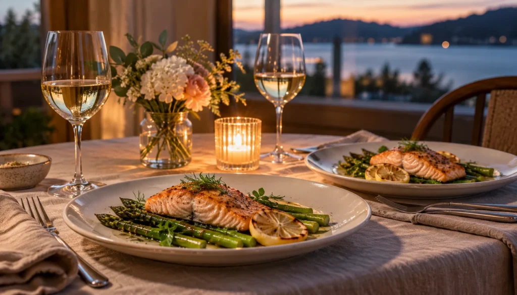 Seared salmon with asparagus on two plates at a candlelit anniversary table