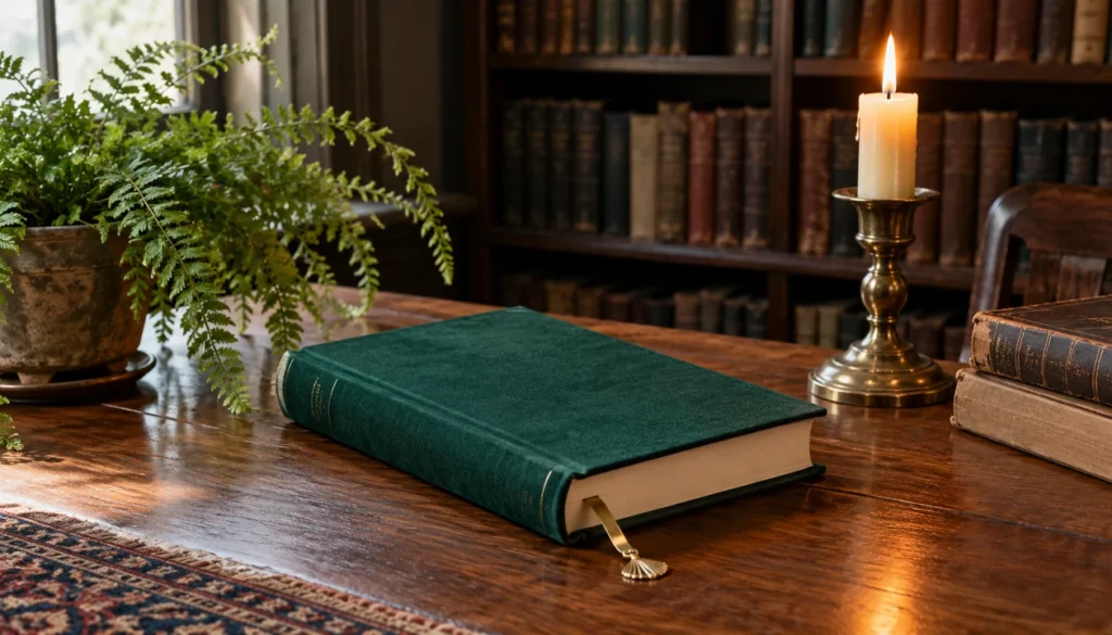 An unmarked emerald hardcover with a brass bookmark beside a fern and an old candleholder