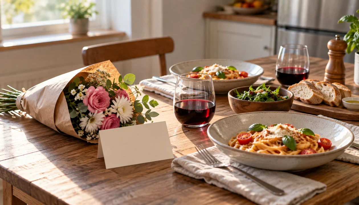 A small bouquet beside a homemade meal and a blank note on a kitchen table