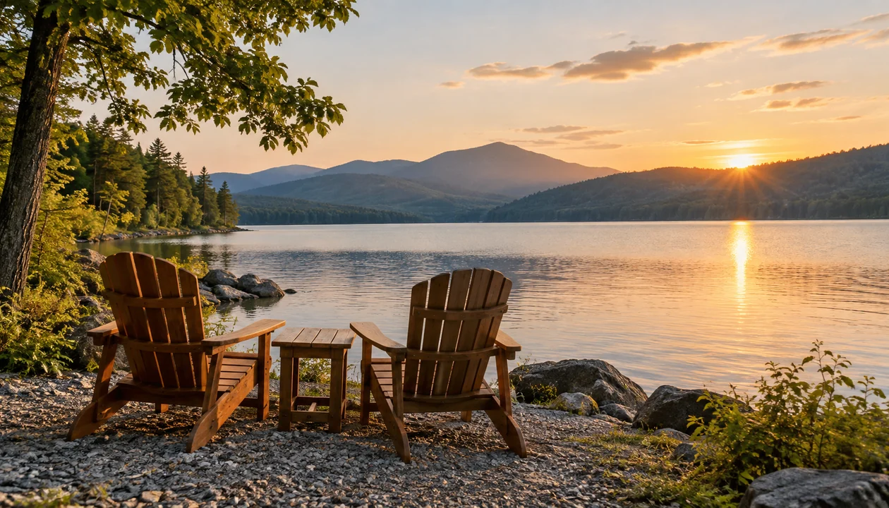 Two empty loungers beside a serene lake at a small retreat