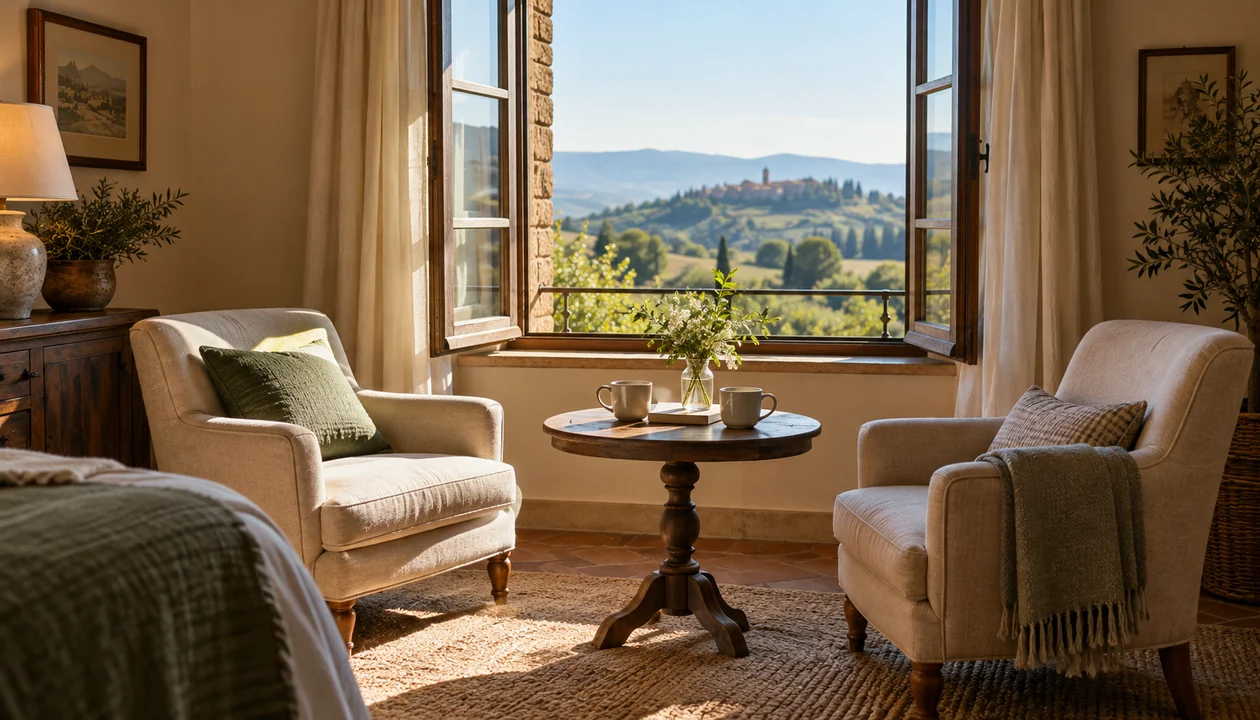 Guest-room reading corner with a countryside view