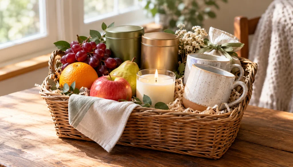 A wicker gift basket containing fruit, tea in plain tins, a candle and two ceramic mugs