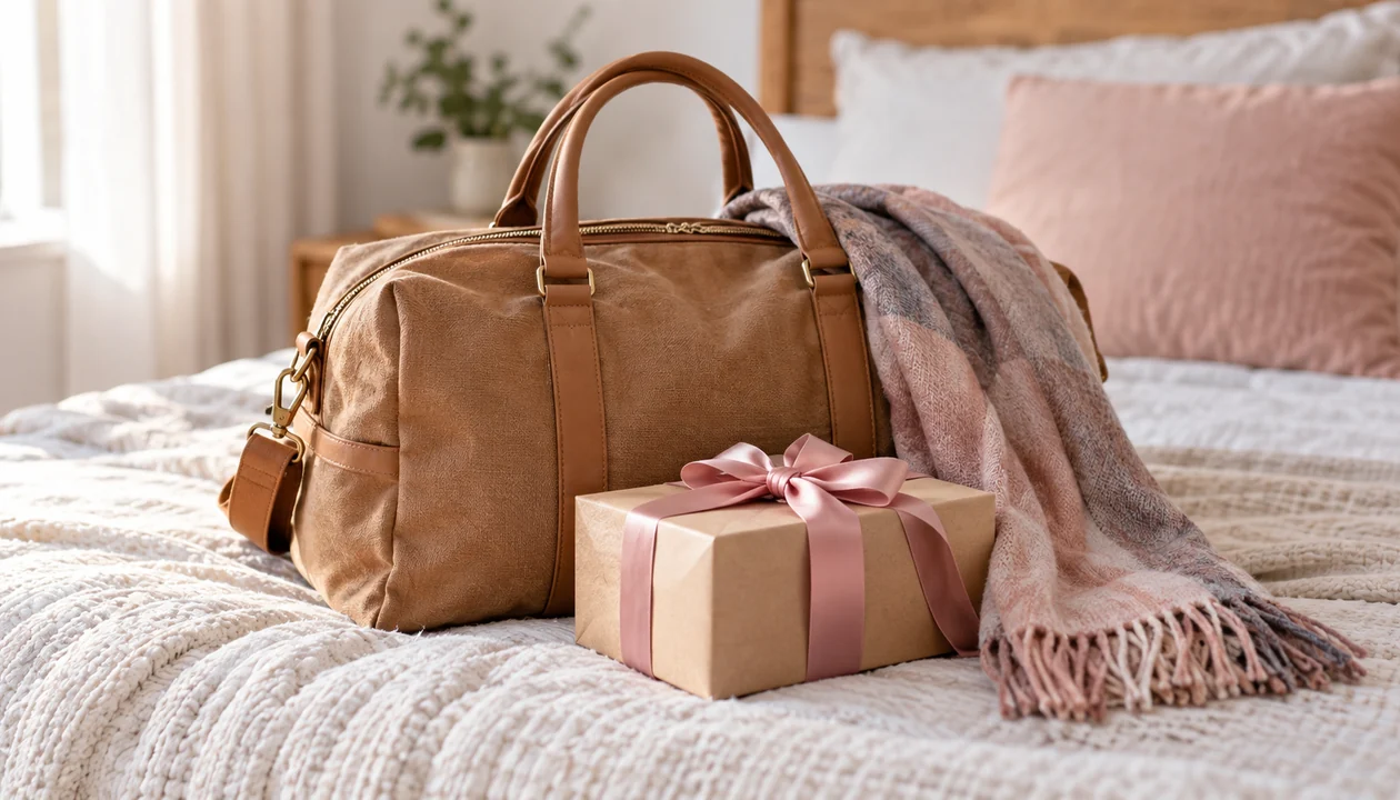 A compact unbranded travel bag with a folded scarf and a ribbon-tied package