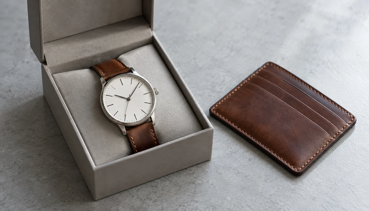 Analog watch and leather card holder presented as gifts